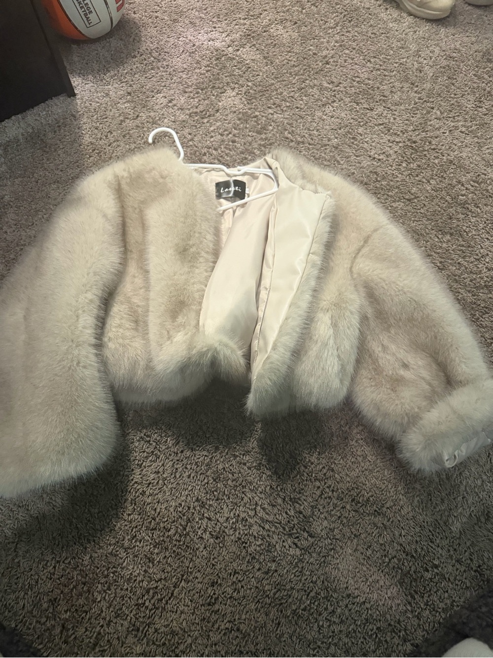 Light Cream Faux Fur Cropped Teddy Jacket by